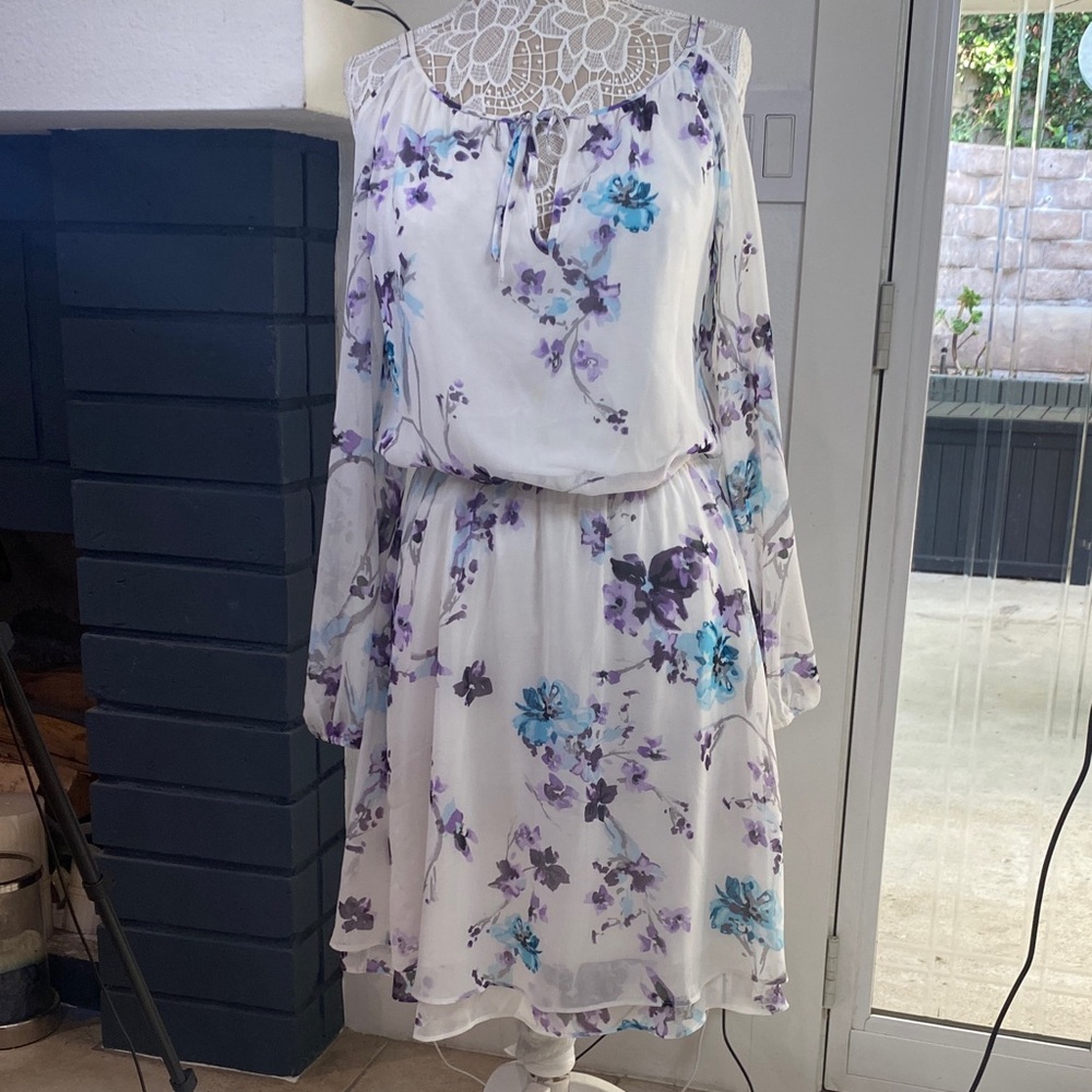 White House Black Market White and Purple Floral Long Sleeve Dress